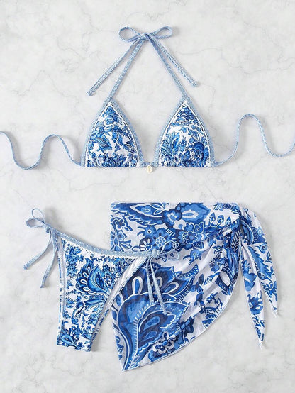 Women's 3-Piece Floral Halter Bikini Set - Skirt Bottom, Backless, High Waist, Blue and White
