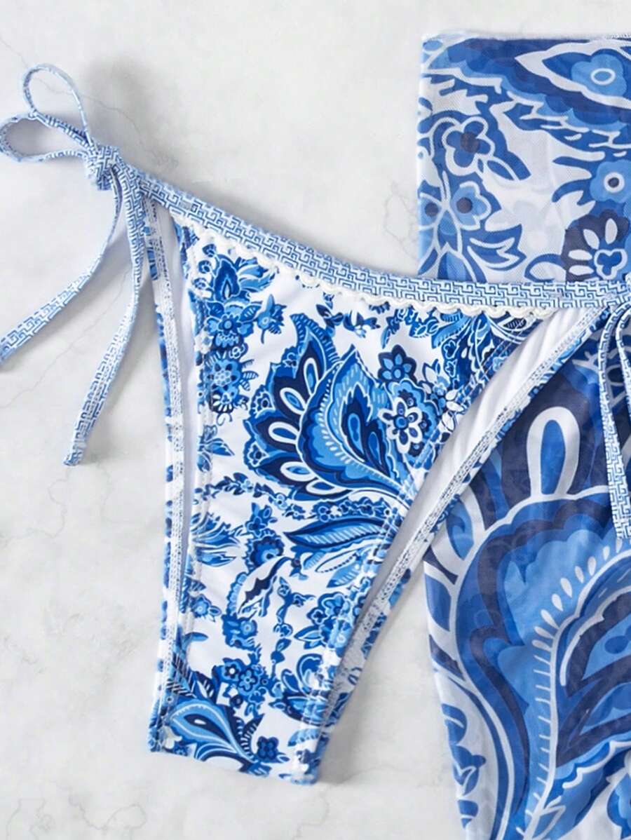 Swim Vcay Women Summer Vacation Floral Print Halter Bikini Set With Coverup & Skirt 3-Piece, Random Print