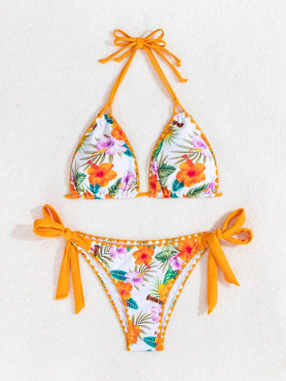 Swim Vcay Women's Tropical Plant Print Halter Neck Tie Sexy Bikini Set For Summer Beach, Random Print