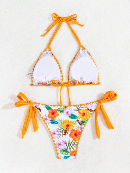 Swim Vcay Women's Tropical Plant Print Halter Neck Tie Sexy Bikini Set For Summer Beach, Random Print