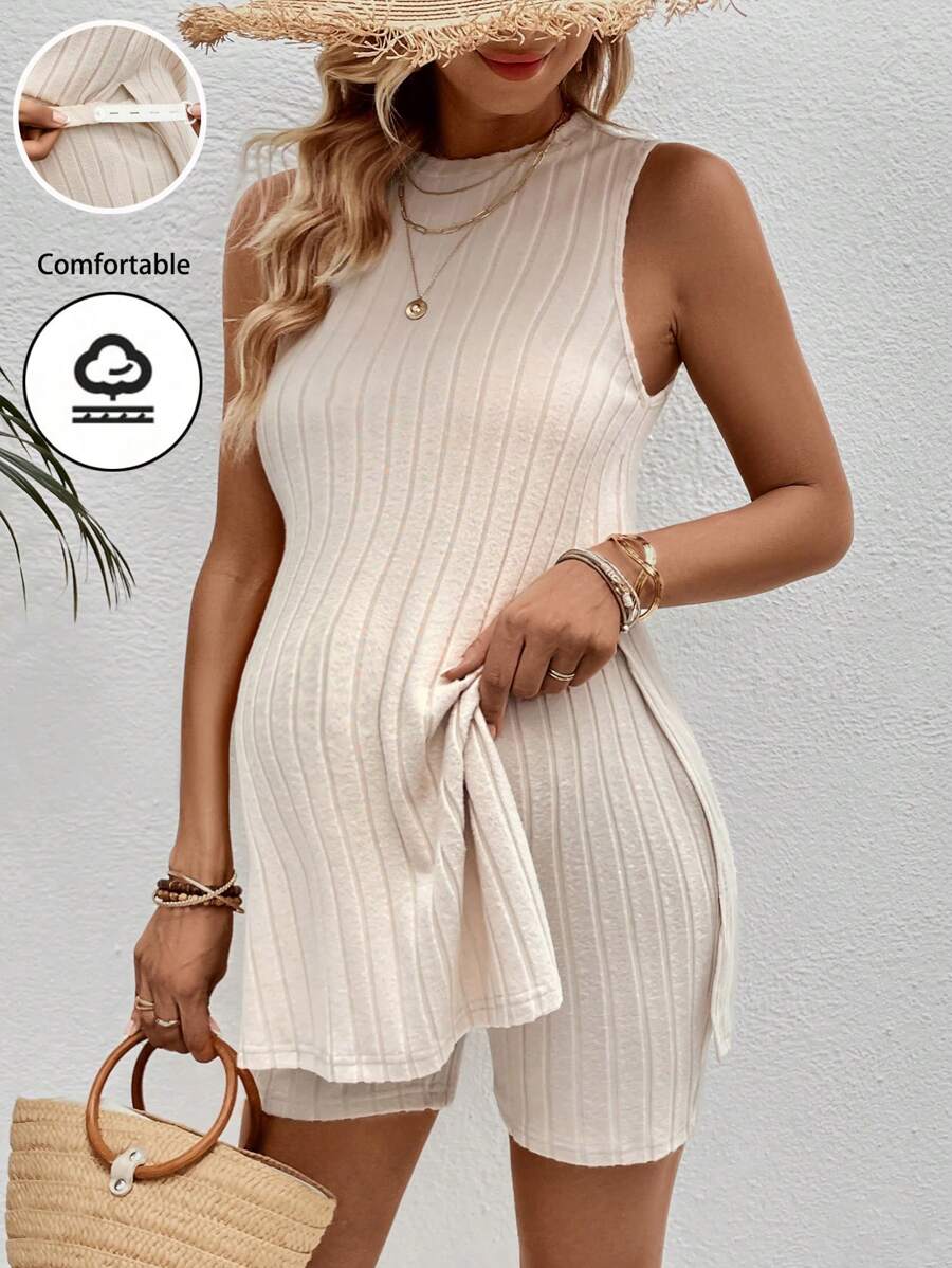 Maternity 2-Piece Striped Camisole and Shorts Set High Stretch Round Neck Side Slit Casual Summer Lounge Outfit