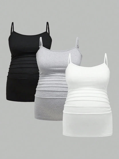 Multicolor Minimalist Ruched Maternity Cami - Slim Fit Spaghetti Strap High Stretch Knitted Tank Top for Pregnant Women Daily Wear