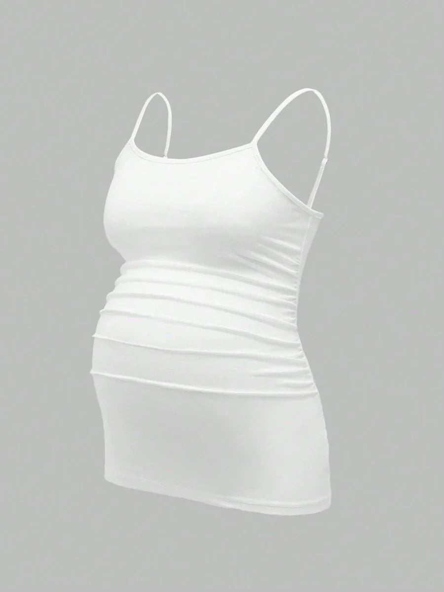 Multicolor Minimalist Ruched Maternity Cami - Slim Fit Spaghetti Strap High Stretch Knitted Tank Top for Pregnant Women Daily Wear