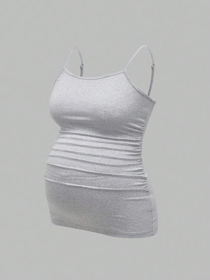 Multicolor Minimalist Ruched Maternity Cami - Slim Fit Spaghetti Strap High Stretch Knitted Tank Top for Pregnant Women Daily Wear