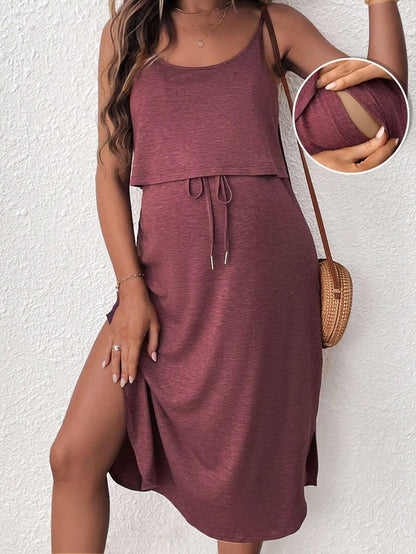 Women's Red Square Neck Nursing Dress - Sleeveless Midi Maternity Sundress with Drawstring and Side Slit - Casual Knit Beach Maternity Dress