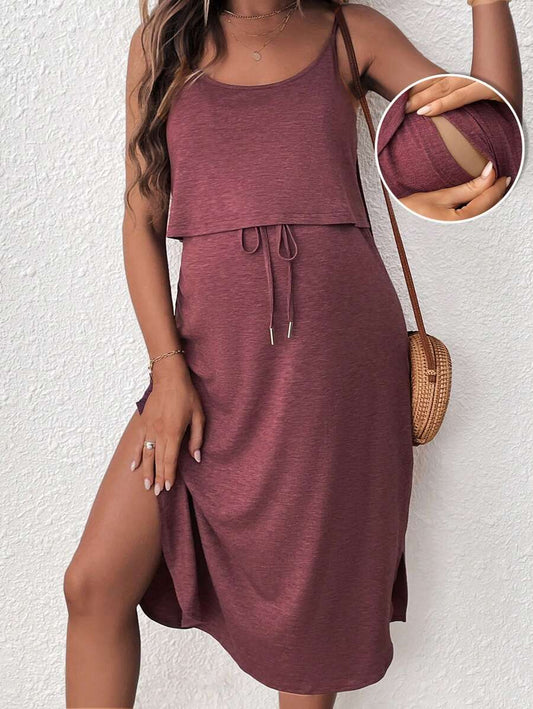 Women's Red Square Neck Nursing Dress - Sleeveless Midi Maternity Sundress with Drawstring and Side Slit - Casual Knit Beach Maternity Dress