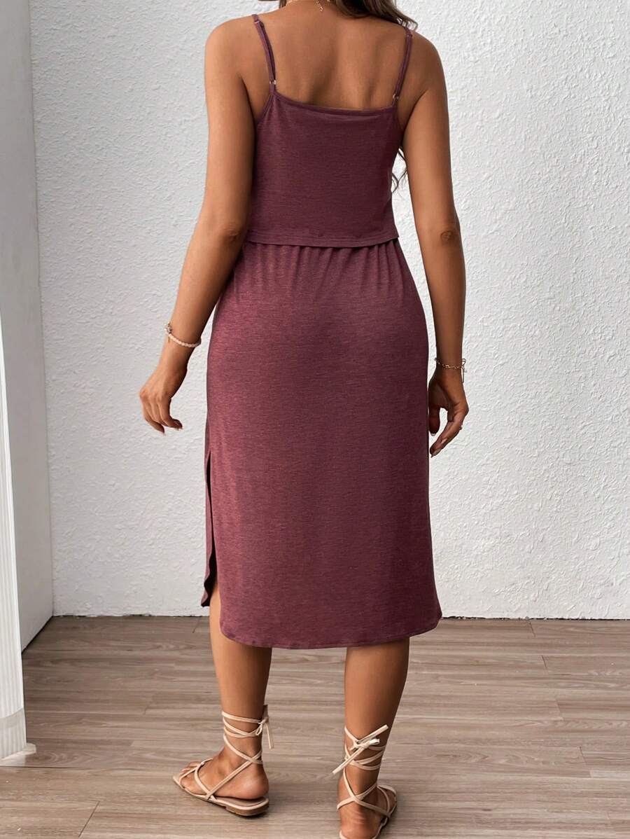 Women's Red Square Neck Nursing Dress - Sleeveless Midi Maternity Sundress with Drawstring and Side Slit - Casual Knit Beach Maternity Dress