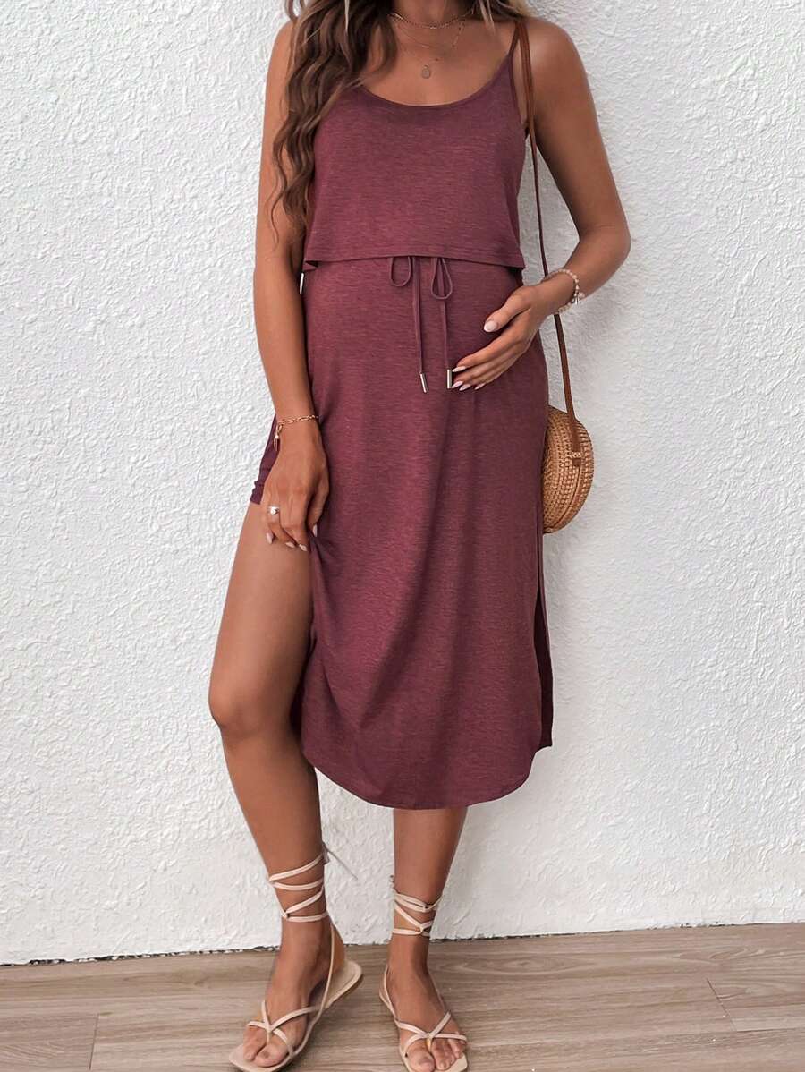 Women's Red Square Neck Nursing Dress - Sleeveless Midi Maternity Sundress with Drawstring and Side Slit - Casual Knit Beach Maternity Dress