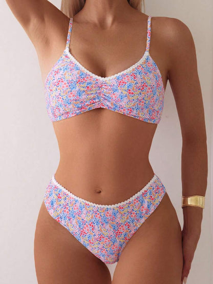 Women's Ditsy Floral Bikini Set - Ruched Spaghetti Strap, Hipsters, High Waist, Multicolor