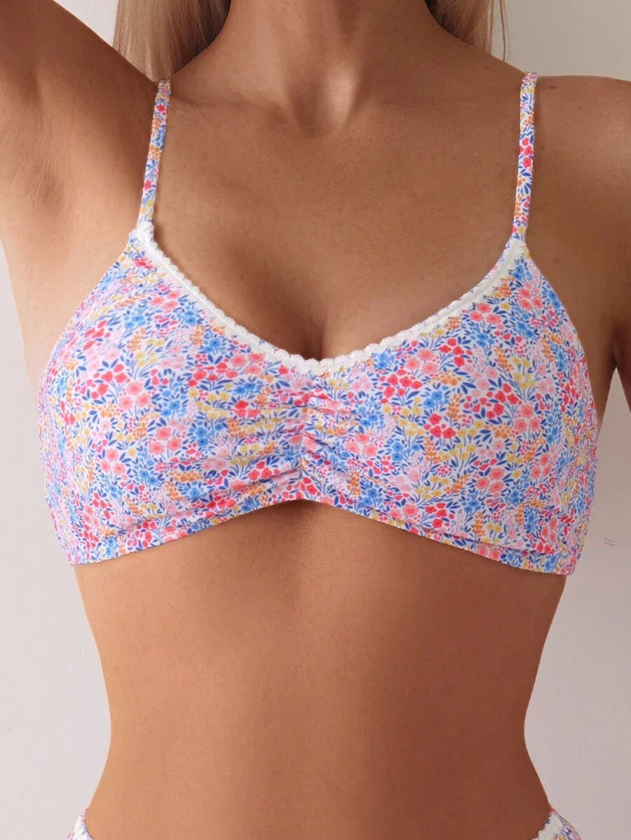Women's Ditsy Floral Bikini Set - Ruched Spaghetti Strap, Hipsters, High Waist, Multicolor