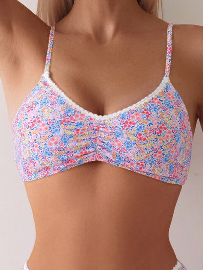 Women's Ditsy Floral Bikini Set - Ruched Spaghetti Strap, Hipsters, High Waist, Multicolor