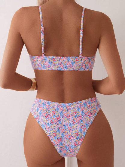 Women's Ditsy Floral Bikini Set - Ruched Spaghetti Strap, Hipsters, High Waist, Multicolor