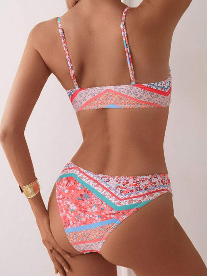 Women's Ditsy Floral Bikini Set - Ruched Spaghetti Strap, Hipsters, High Waist, Multicolor