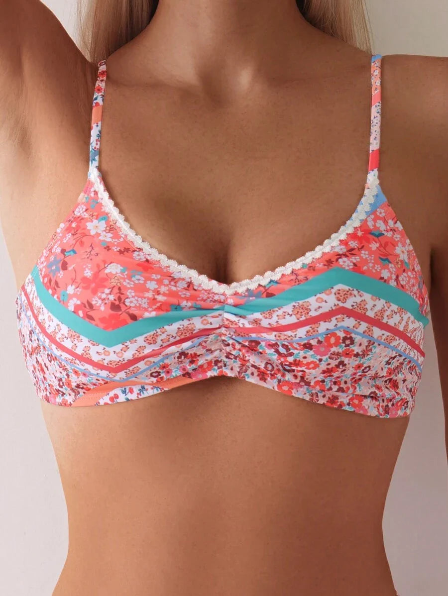 Women's Ditsy Floral Bikini Set - Ruched Spaghetti Strap, Hipsters, High Waist, Multicolor