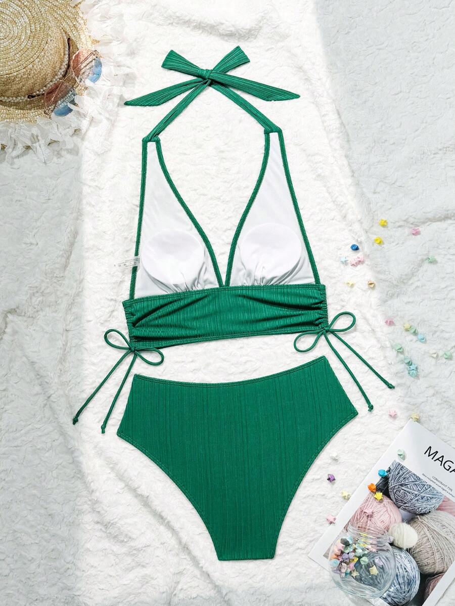 Swim Vcay Bathing Suits Women Women Solid Color Textured Drawstring Halter Top And Swim Bottom Bikini Set Bathing Suit, For Summer, Beach, Honeymoon, Travel, Vacation, Swimming Pool Summer Beach