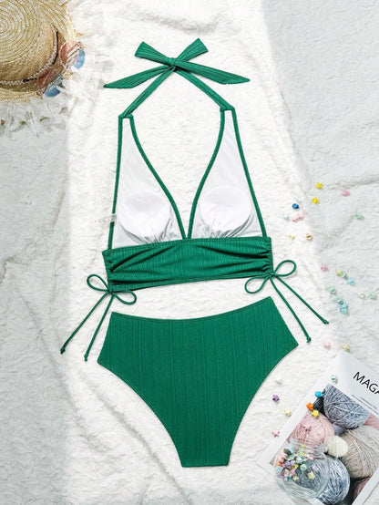 Swim Vcay Bathing Suits Women Women Solid Color Textured Drawstring Halter Top And Swim Bottom Bikini Set Bathing Suit, For Summer, Beach, Honeymoon, Travel, Vacation, Swimming Pool Summer Beach