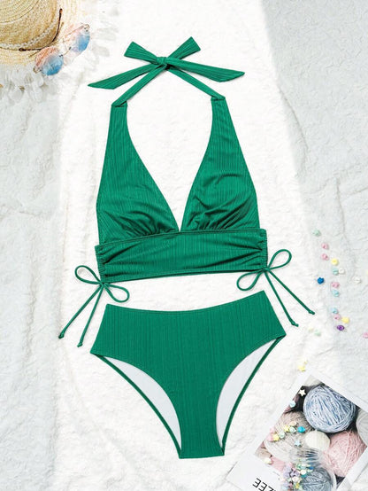 Women's Solid Textured Bikini Set - Halter, Backless, High Waist, Black