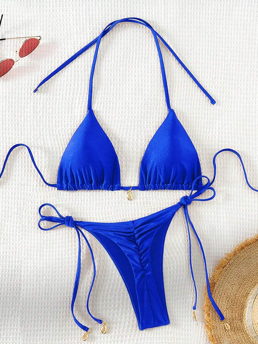 Swim Chiccia Women Spring Break Summer Beach Solid Color Halter Tie Sexy Bikini Swimsuit Set