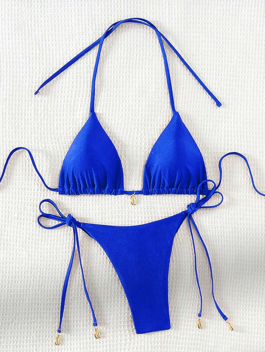 Swim Chiccia Women Spring Break Summer Beach Solid Color Halter Tie Sexy Bikini Swimsuit Set