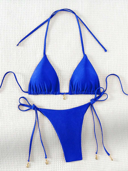 Swim Chiccia Women Spring Break Summer Beach Solid Color Halter Tie Sexy Bikini Swimsuit Set
