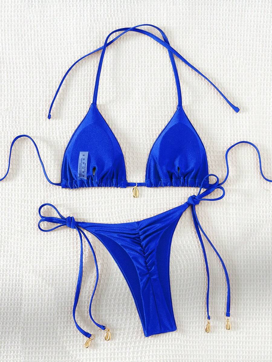 Swim Chiccia Women Spring Break Summer Beach Solid Color Halter Tie Sexy Bikini Swimsuit Set