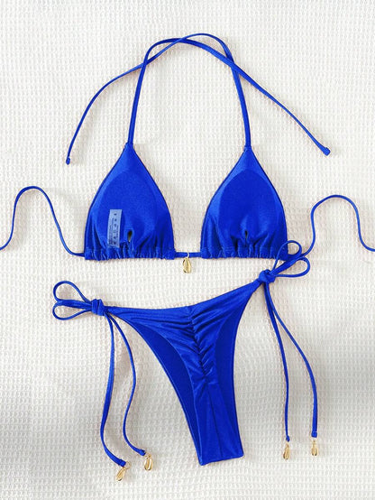 Swim Chiccia Women Spring Break Summer Beach Solid Color Halter Tie Sexy Bikini Swimsuit Set