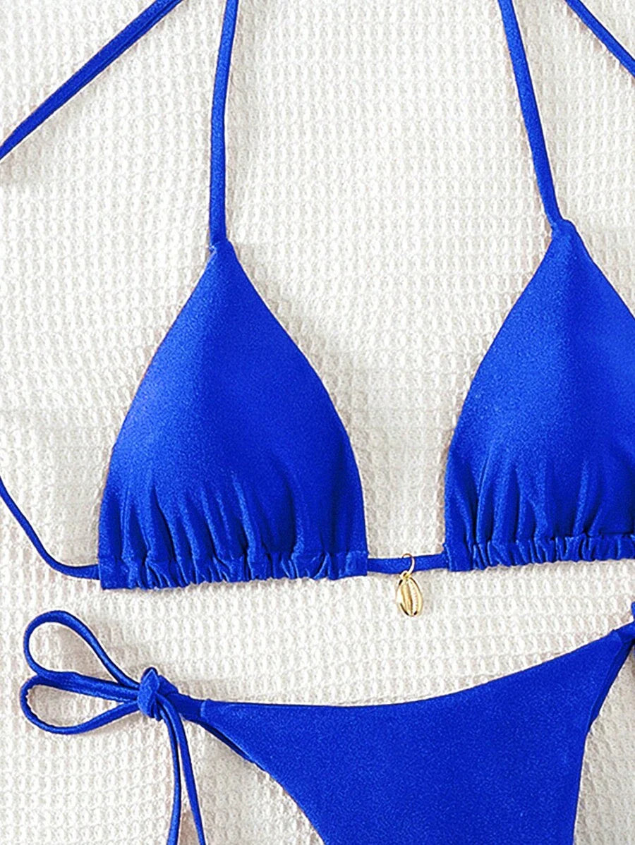 Swim Chiccia Women Spring Break Summer Beach Solid Color Halter Tie Sexy Bikini Swimsuit Set