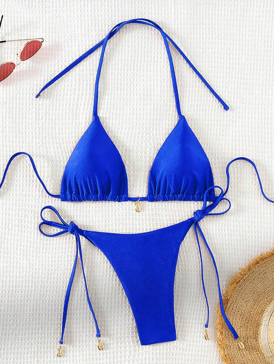 Swim Chiccia Women Spring Break Summer Beach Solid Color Halter Tie Sexy Bikini Swimsuit Set
