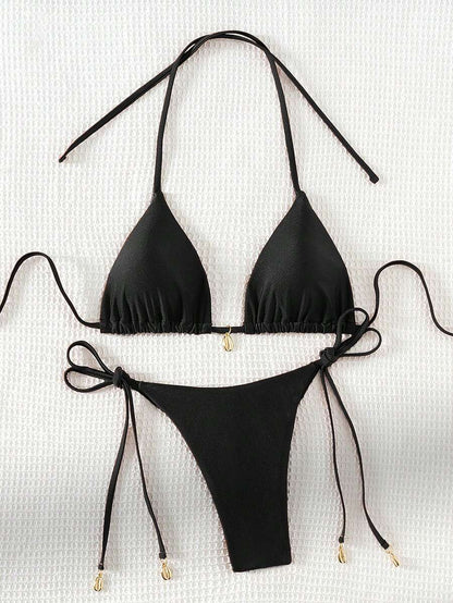 Swim Chiccia Women Spring Break Summer Beach Solid Color Halter Tie Sexy Bikini Swimsuit Set