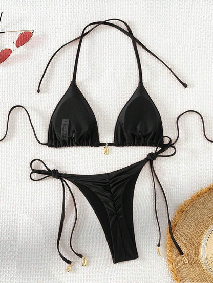 Swim Chiccia Women Spring Break Summer Beach Solid Color Halter Tie Sexy Bikini Swimsuit Set