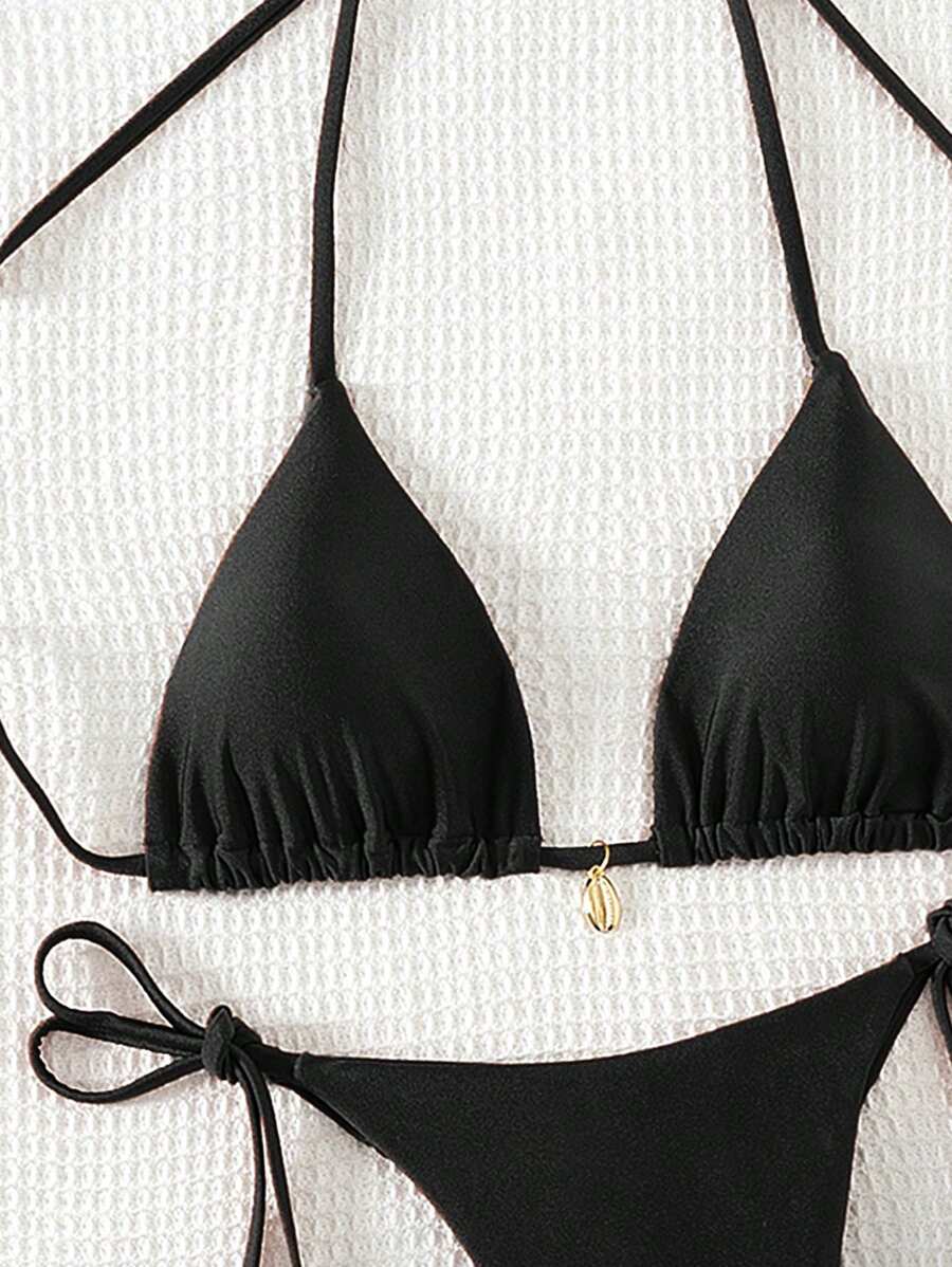 Swim Chiccia Women Spring Break Summer Beach Solid Color Halter Tie Sexy Bikini Swimsuit Set