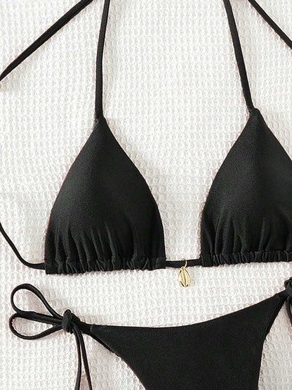 Swim Chiccia Women Spring Break Summer Beach Solid Color Halter Tie Sexy Bikini Swimsuit Set