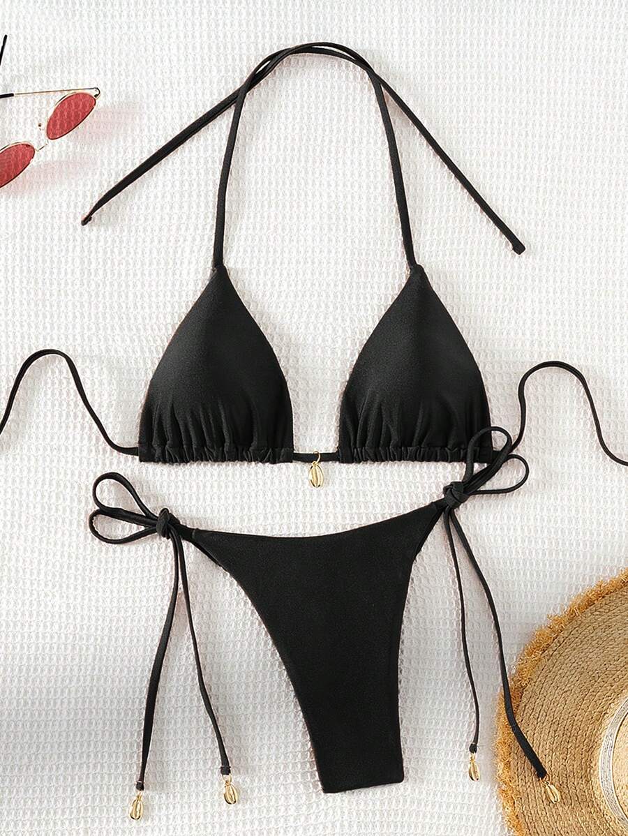 Swim Chiccia Women Spring Break Summer Beach Solid Color Halter Tie Sexy Bikini Swimsuit Set