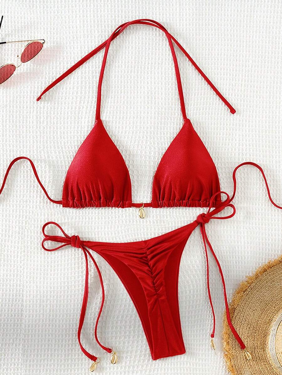 Swim Chiccia Women Spring Break Summer Beach Solid Color Halter Tie Sexy Bikini Swimsuit Set