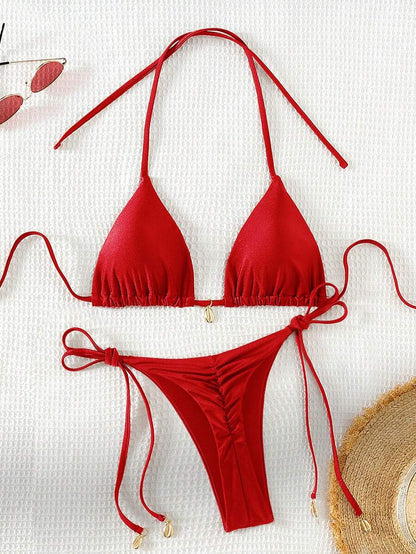 Swim Chiccia Women Spring Break Summer Beach Solid Color Halter Tie Sexy Bikini Swimsuit Set