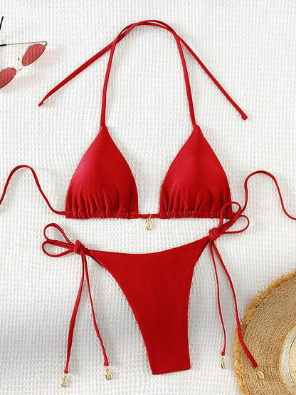 Swim Chiccia Women Spring Break Summer Beach Solid Color Halter Tie Sexy Bikini Swimsuit Set