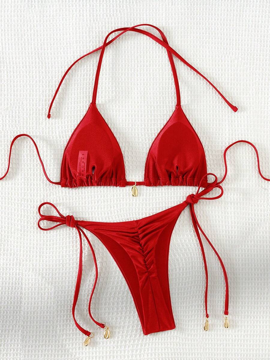 Swim Chiccia Women Spring Break Summer Beach Solid Color Halter Tie Sexy Bikini Swimsuit Set