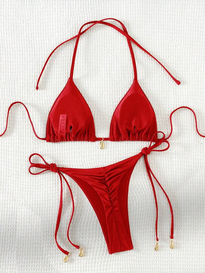 Swim Chiccia Women Spring Break Summer Beach Solid Color Halter Tie Sexy Bikini Swimsuit Set