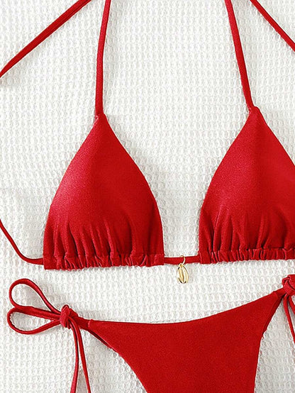 Swim Chiccia Women Spring Break Summer Beach Solid Color Halter Tie Sexy Bikini Swimsuit Set