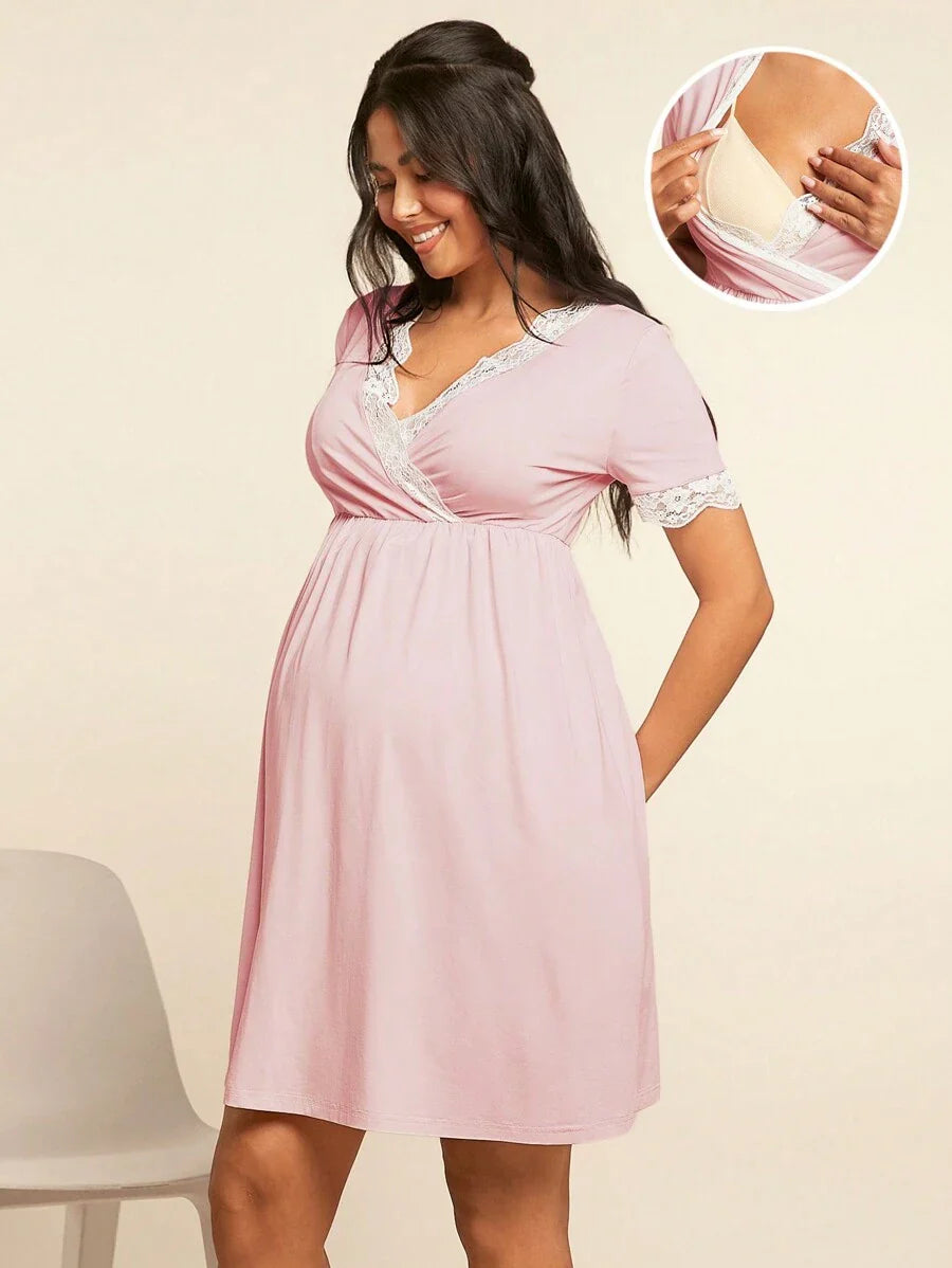 Maternity Nursing Dress - V-Neck Short Sleeve Contrast Lace, Pink