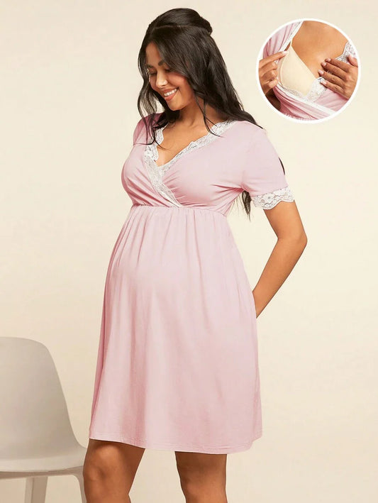 Maternity Nursing Dress - V-Neck Short Sleeve Contrast Lace, Pink