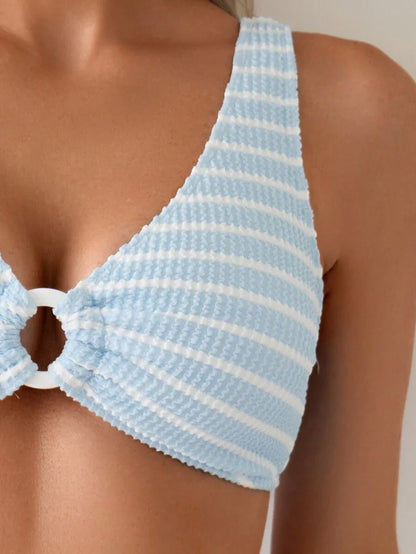 Women's 2-Piece Striped Bikini Set - V-Neck, High Waist, Knot Detail, Multicolor
