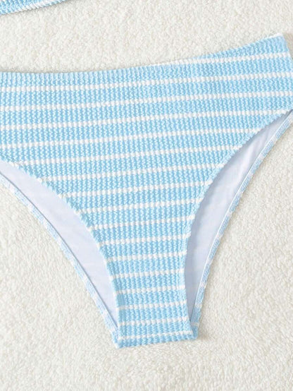 Women's 2-Piece Striped Bikini Set - V-Neck, High Waist, Knot Detail, Multicolor