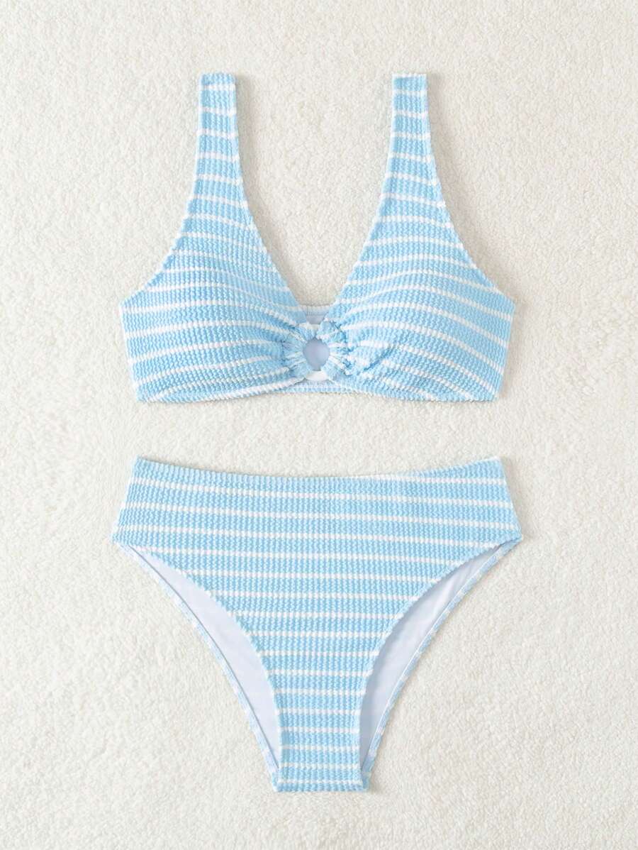Women's 2-Piece Striped Bikini Set - V-Neck, High Waist, Knot Detail, Multicolor