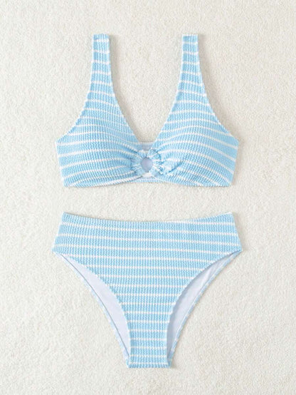 Women's 2-Piece Striped Bikini Set - V-Neck, High Waist, Knot Detail, Multicolor