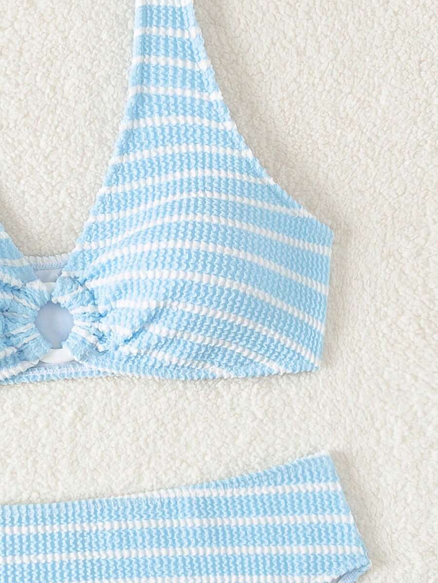 Women's 2-Piece Striped Bikini Set - V-Neck, High Waist, Knot Detail, Multicolor