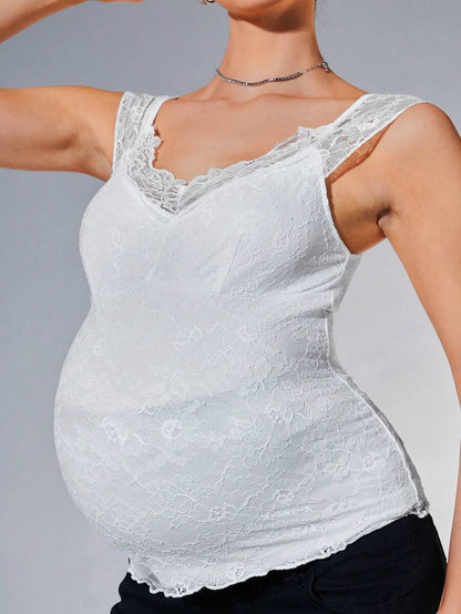 Elegant Lace Round Neck Cap Sleeve Maternity T-Shirt - Comfortable Longline Pregnancy Top