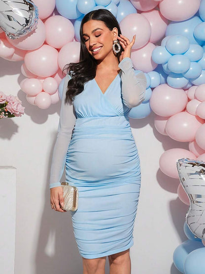 Dress Pregnant Women V-Neckline Ruffled Elegant Tight-Fitting Long-Sleeved Dress,Perfect For Vacation Baby Shower Party Maternity Dress