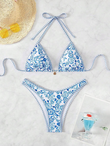 Women's 2-Piece Boho Halter Bikini Set - Tie Detail, High Cut, Floral Print, Green