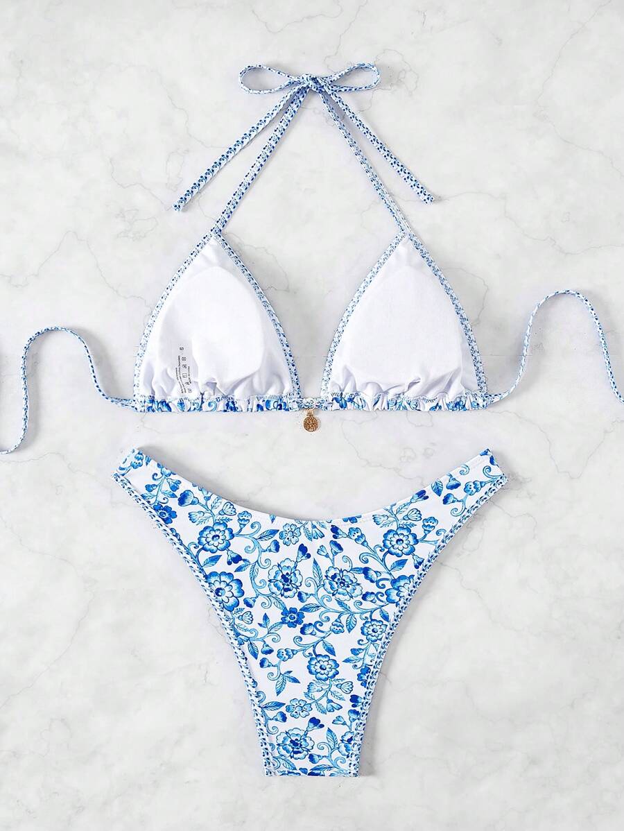 Women's 2-Piece Boho Halter Bikini Set - Tie Detail, High Cut, Floral Print, Green